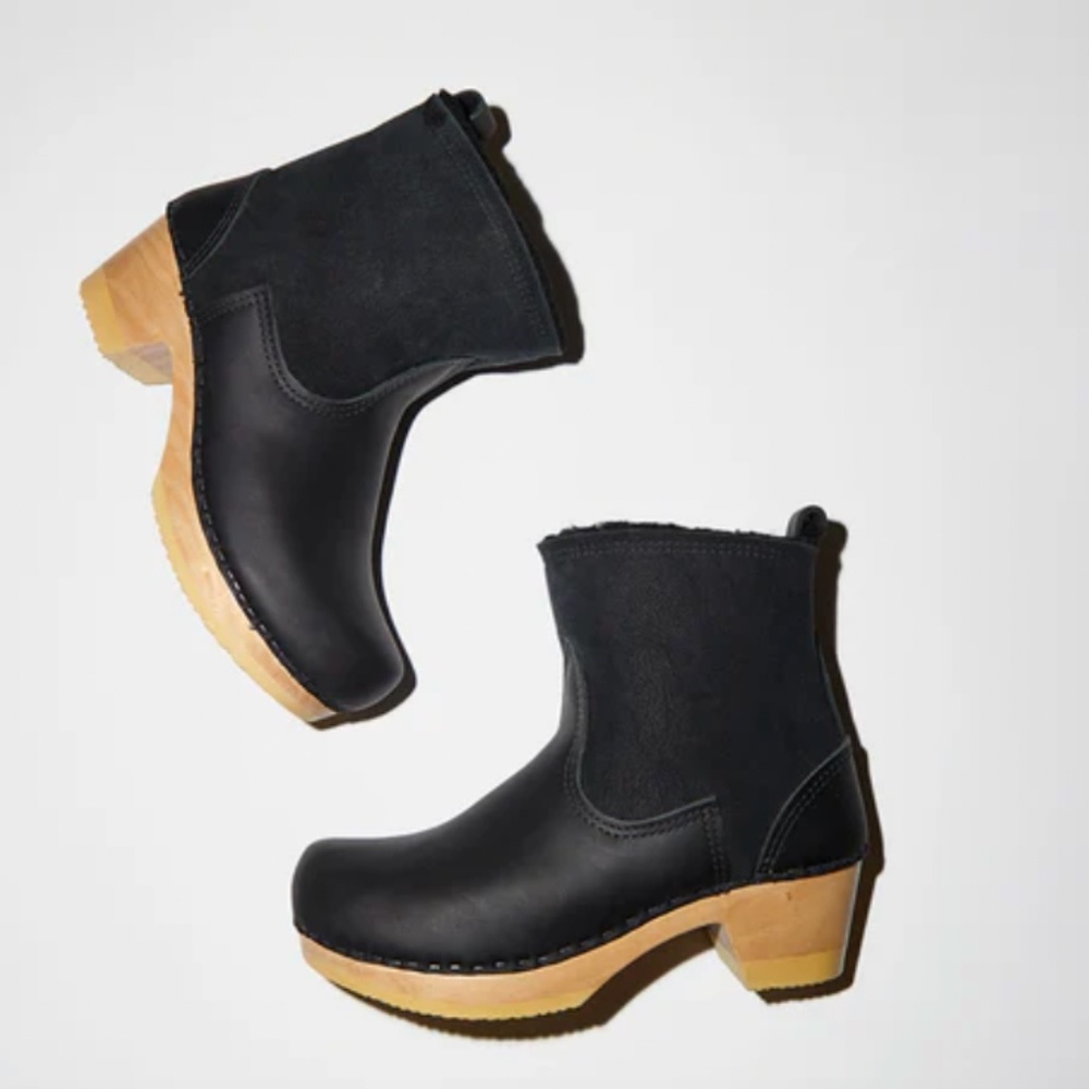 No. 6 5" Pull on Shearling Clog Boot on Mid Heel in Black Suede